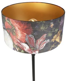 Candeeiro de pé preto com cúpula de veludo flores dourado 50 cm - Clássico Clássico / Antigo