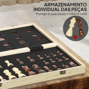 Jogo de Xadrez e Damas em Madeira com Tabuleiro Dobrável Peças de Pinho e Compartimentos de Armazenamento 38,5x38,5x2,8 cm Madeira e Branco