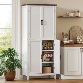 Armário de cozinha  76 x 40 x 178,5 cm, com 6 níveis, 4 portas com padrão em espinha e 4 prateleiras ajustáveis, branco