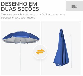 Chapéu de Sol de Praia com Painel Lateral Manivela Manual Teto Inclinável 2 Bolsos e 2 Janelas Ø191x211 cm Azul