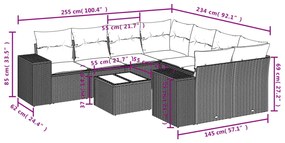 9 pcs conj. sofás jardim com almofadões vime PE cinzento-claro