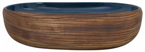 Lavatório de bancada oval 59x40x14 cm cerâmica castanho e azul