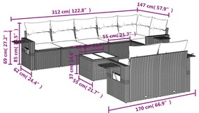 9 pcs conj. sofás jardim com almofadões vime PE cinzento-claro