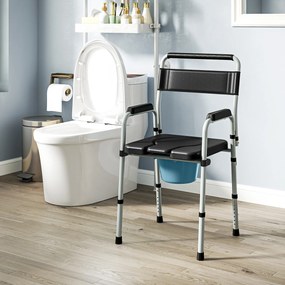 Cadeira sanitária dobrável, antiderrapante e com altura ajustável, assento e braços almofadados, capacidade de 150 kg, preta