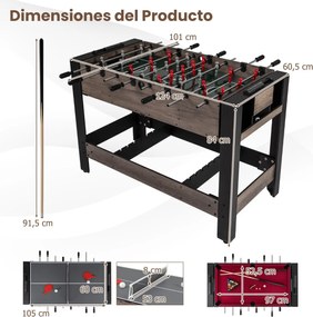 Mesa jogos giratória 3 em 1 com matraquilhos, bilhar e pingue-pongue preta e castanha