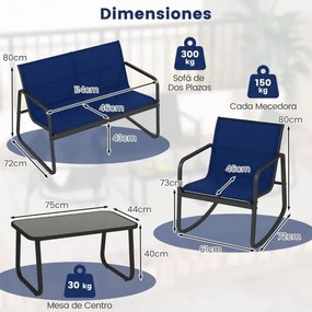 Móveis de jardim exterior 4 peças 2 cadeiras de baloiço e sofá de 2 lugares com mesa com tampo de vidro azul marinho