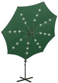 Guarda-sol jardim cantilever c/ poste e luzes LED 300 cm verde