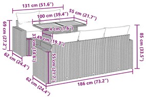 6 pcs conjunto de sofás p/ jardim com almofadões vime PE bege
