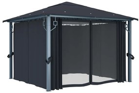 Gazebo c/ cortinas e cordões luzes LED 3x3 m alumínio antracite