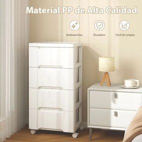 Armário de armazenamento 40 x 32 x 79 cm com 4 gavetas Rodas universais e traváveis Recipiente de armazenamento de plástico branco