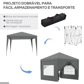 Tenda de Jardim com Paredes Laterais Amovíveis Janelas Porta com Fecho de Correr e Bolsa de Transporte 295x295x196-258 cm Cinzento