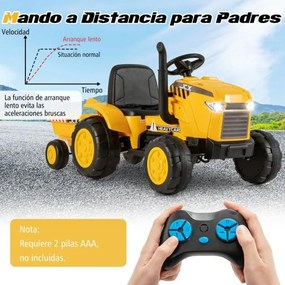 Trator Elétrico para Crianças 2 em 1 Bateria 12V  3-8 Anos com Reboque Controlo Remoto e Buzina Amarelo