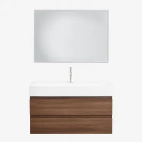 Conjunto De Móvel De Casa De Banho Suspenso Em Madeira E Folha De Freixo Com Lavatório Integrado Ona Led Retangular E Anti-embaciamento 100x70 Cm Ribe
