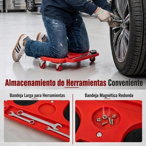 Ajoelhador de Oficina com Rodas e Tabuleiro para Ferramentas, 50 x 25,5 x 9 cm, Almofadas em Espuma EVA, Vermelho
