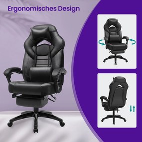 Cadeira ergonómica gaming com apoio para os pés, para escritório 70 x 70 x (122-134) cm, almofadas ajustáveis para a cabeça e a região lombar Preta