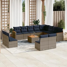 vidaXL 13 pcs conjunto sofás p/ jardim c/ almofadões vime PE cinzento
