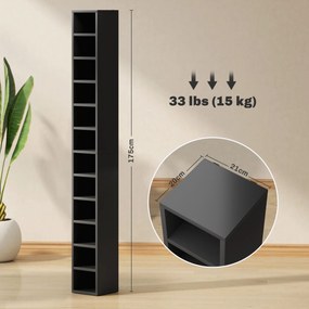 Organizador para CD e DVD com 12 compartimentos, capacidade máxima de 204 CD, 21 x 20 x 175 cm, preto