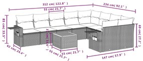 10 pcs conjunto de sofás p/ jardim com almofadões vime PE bege