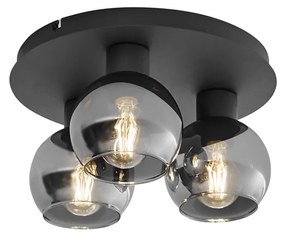 Candeeiro de teto Art Deco preto com vidro fumê 3 luzes - Vidro Art Deco