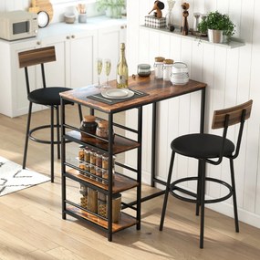 Mesa de bar alta com 3 prateleiras de arrumação e estrutura em aço (BANCOS NÃO INCLUIDOS), 90 x 50 x 90,5 cm, castanho rústico, preto