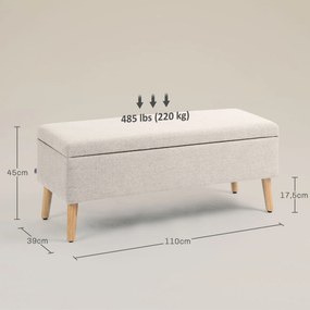Banco com arrumação estofado com aspeto de linho para quarto, entrada ou sala de estar, capacidade de 220 Kg, 110 x 39 x 45 cm, bege
