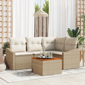 vidaXL Conjunto de Sofá de 5 Peças com Almofadas Bege de Rattan Polipropileno Acácia