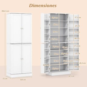 Armário de cozinha despensa 60 x 35 x 166,5 cm com 2 armários de 4 níveis, 16 prateleiras nas portas e 6 prateleiras ajustáveis para sala de jantar e
