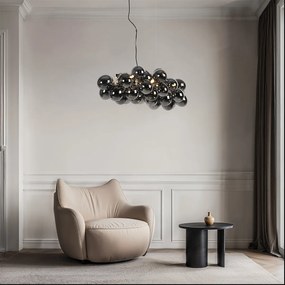 Candeeiro suspenso Art Deco preto com vidro fumado 8 luzes - Uvas