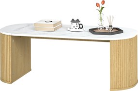 Mesa de centro oval 110 x 50 x 40 cm, mesa auxiliar com efeito de mármore, cantos arredondados e pés grossos, branca e castanha