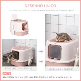 Caixa de Areia para Gatos Caixa de Areia Fechada com Entrada Dianteira Saida Superior Bandeja Removível e Pá 40x53,5x37,5cm Rosa