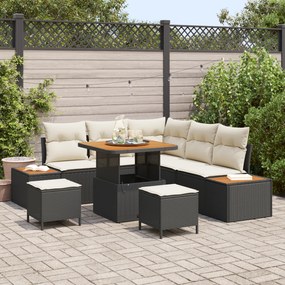 Conjunto de Sofá de Jardim Com 8 Peças e Almofadas Rattan Preto Acácia