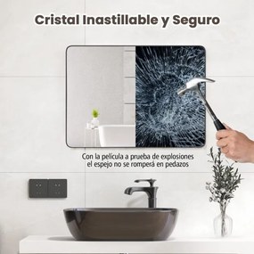 Espelho de casa de banho de parede retangular de 76,5 cm com película anti-explosão e moldura em aço inoxidável de canto redondo