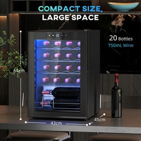 Frigorífico para Vinhos 20 Garrafas com Compressor, Porta Anti-UV, 5-18 °C, Painel Tátil, Luz LED, 39 dB, Preto