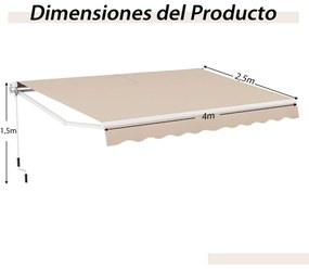 Toldo retrátil 4 x 2,5 m para pátio Cobertura em poliéster com manivela manual Estrutura em alumínio resistente bege