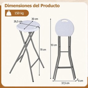 Conjunto de 2 Bancos altos Dobráveis, 30 x 26,5 x 70 cm, Suporte até 150 kg, Brancos