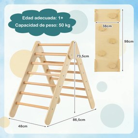Triângulo de escalada de madeira 3 em 1 com escorrega regulável para subir e deslizar salto triangular para crianças natural