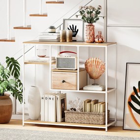 Mesa Consola 100 cm com Gaveta de Armazenamento e Estante de 4 Níveis Estilo Industrial para Sala e Corredor Natural e Branco