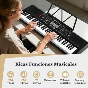 Teclado portátil de 61 teclas, kit de piano elétrico com 200 ritmos e tons, 70 demos, microfone e auscultadores para todas as idades, preto