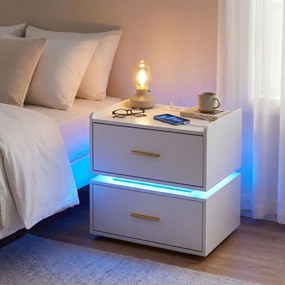 Conjunto de 2 mesas de cabeceira com estação de carregamento LED 45 x 40 x 48 cm, 2 gavetas, arrumação semi-suspensa e base metálica para sala ou quar
