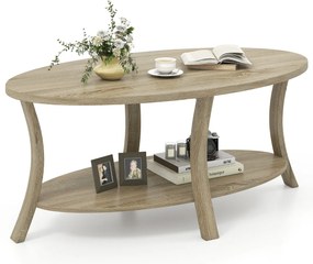 Mesa de Centro Oval 2 níveis 111 x 60,5 x 47 cm com prateleira de armazenamento natural