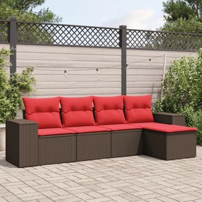vidaXL 5 pcs conjunto sofás p/ jardim c/ almofadões vime PE castanho