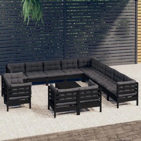 vidaXL 14 pcs conjunto lounge jardim c/ almofadões pinho maciço preto