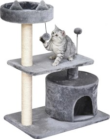 PawHut Árvore Arranhador para Gatos Médios com Cama Plataforma Caverna Poste de Sisal e Bolas de Brinquedo 60x40x81 cm Cinza | Aosom Portugal