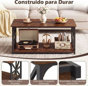 Mesa de centro de estilo industrial 109 x 50 x 48 cm, 2 níveis, prateleira aberta, estrutura metálica, para sala de estar, castanho rustica