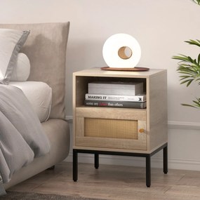Mesa de cabeceira de estilo boémio com estante aberta e porta Decoração em rattan para sala de estar Quarto Natural