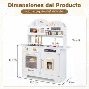 Cozinha brincar infantil de madeira 79,5 x 39,5 x 90,5 cm com 17 acessórios, forno e máquina de gelo, para crianças com mais de 3 anos, branca