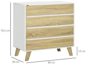 Cómoda com 4 Gavetas de Madeira Cómoda com Pés Elevados para Sala de Estar Dormitório Escritório 80x40x79,5cm Carvalho e Branco