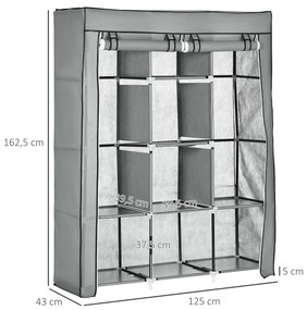 HOMCOM Roupeiro de Tecido Dobrável Armário Portátil com 8 Prateleiras de Armazenamento e 2 Barras de Pendurar Organizador de Roupa para Dormitório Vestidor 125x43x162,5cm Cinza Claro