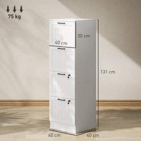 Arquivador escritório 40 x 40 x 131 cm móvel de arrumação em madeira com 4 gavetas e fechadura, varões de suspensão ajustáveis, branco