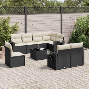 9 pcs conjunto de sofás p/ jardim c/ almofadões vime PE preto